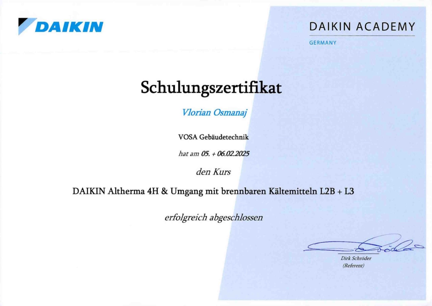 Daikin Academy · Altherma 4H & Umgang mit brennbaren Kältemitteln L2B+L3 · 2025