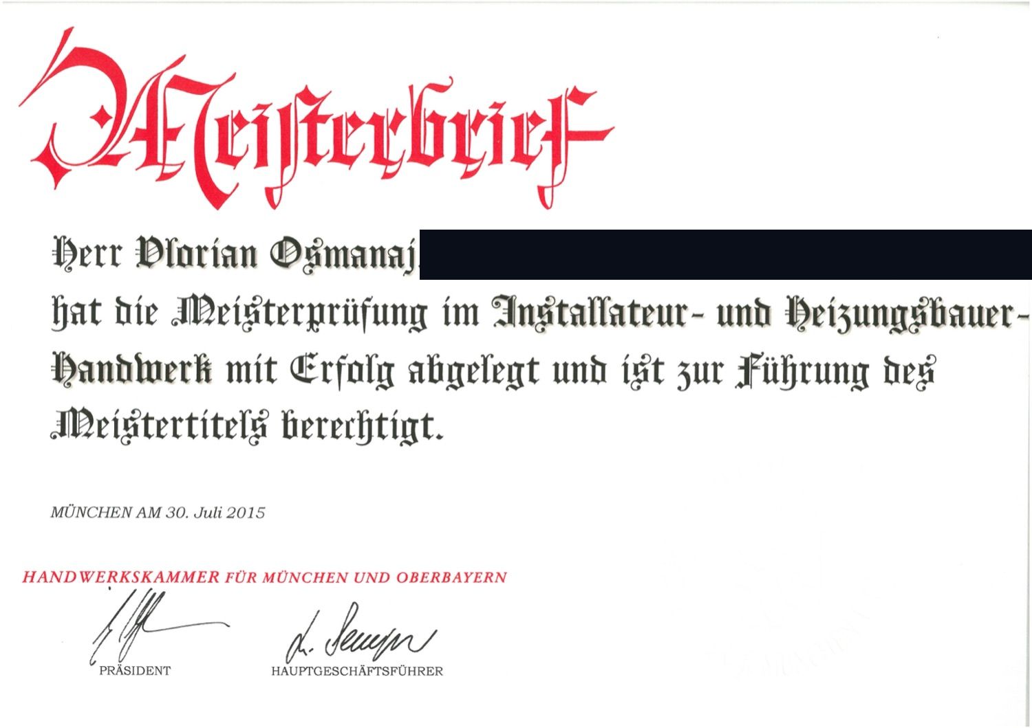 Meisterbrief · Installateur- u. Heizungsbauer-Handwerk · HWK München 2015