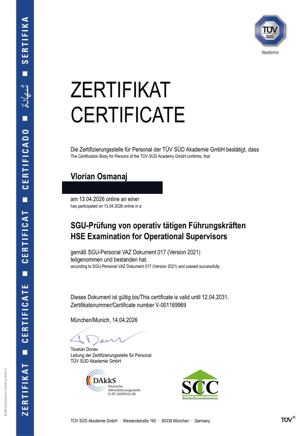 SCC/SGU Führungskräfte · TÜV SÜD Akademie · gültig bis 2031