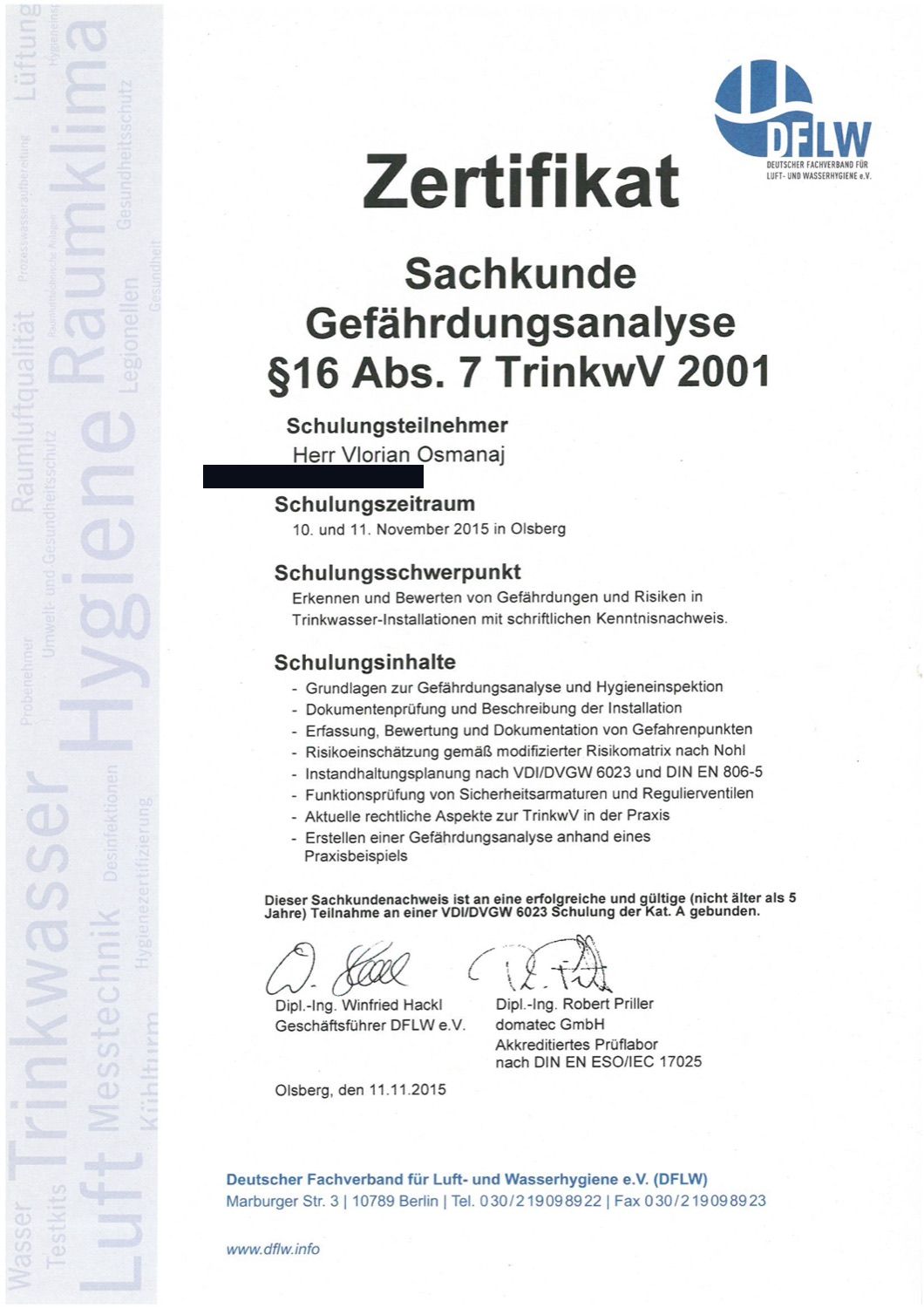 Trinkwasser-Hygiene · Gefährdungsanalyse §16 TrinkwV · VDI/DVGW 6023